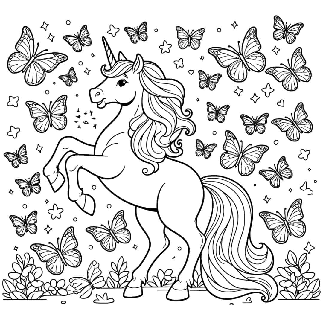 Dessin à colorier Licorne jouant avec des papillons colorés