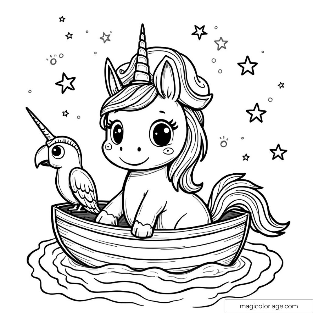 Licorne mignonne avec perroquet dans un bateau