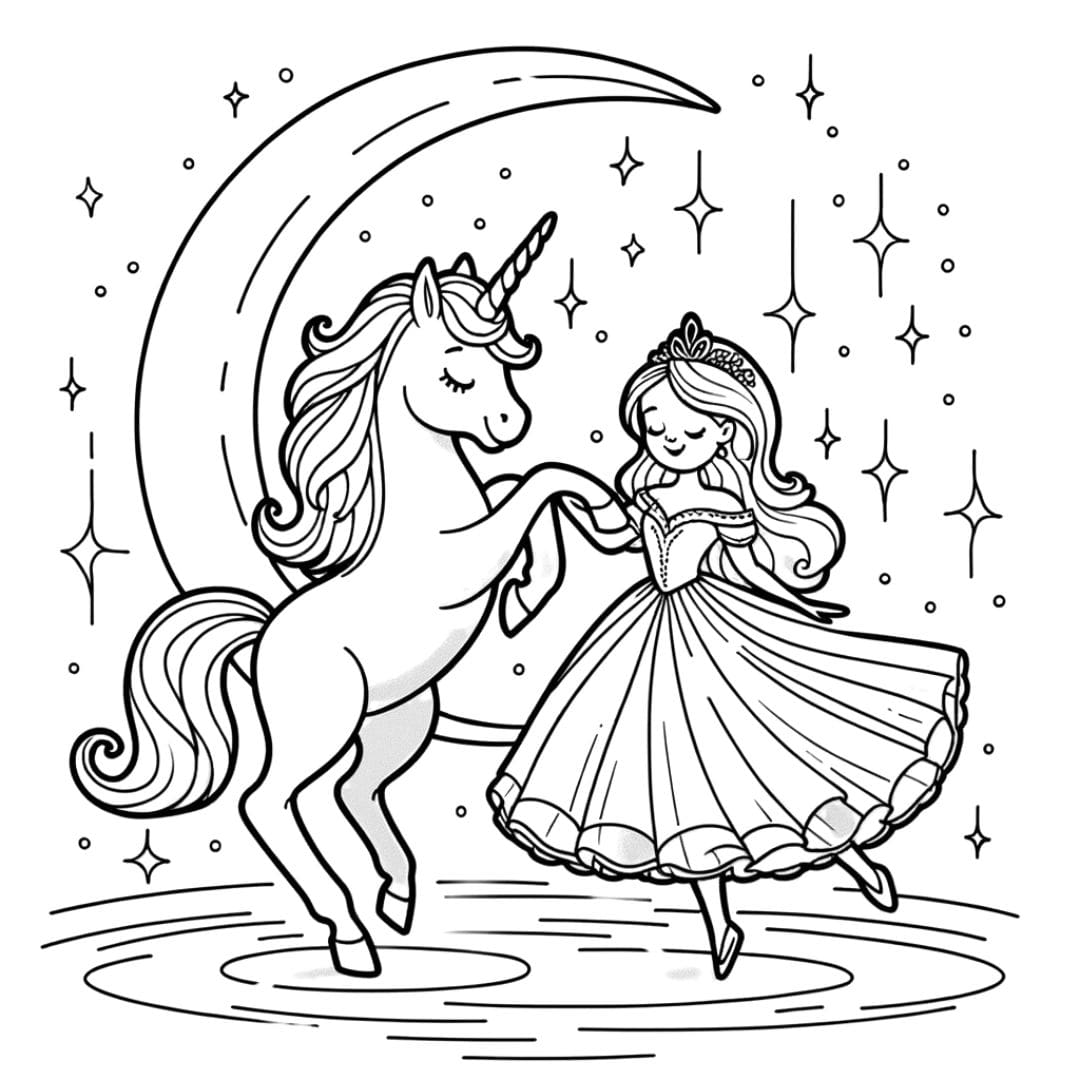 Dessin à colorier de licorne et princesse dansant sous la lune pour enfants