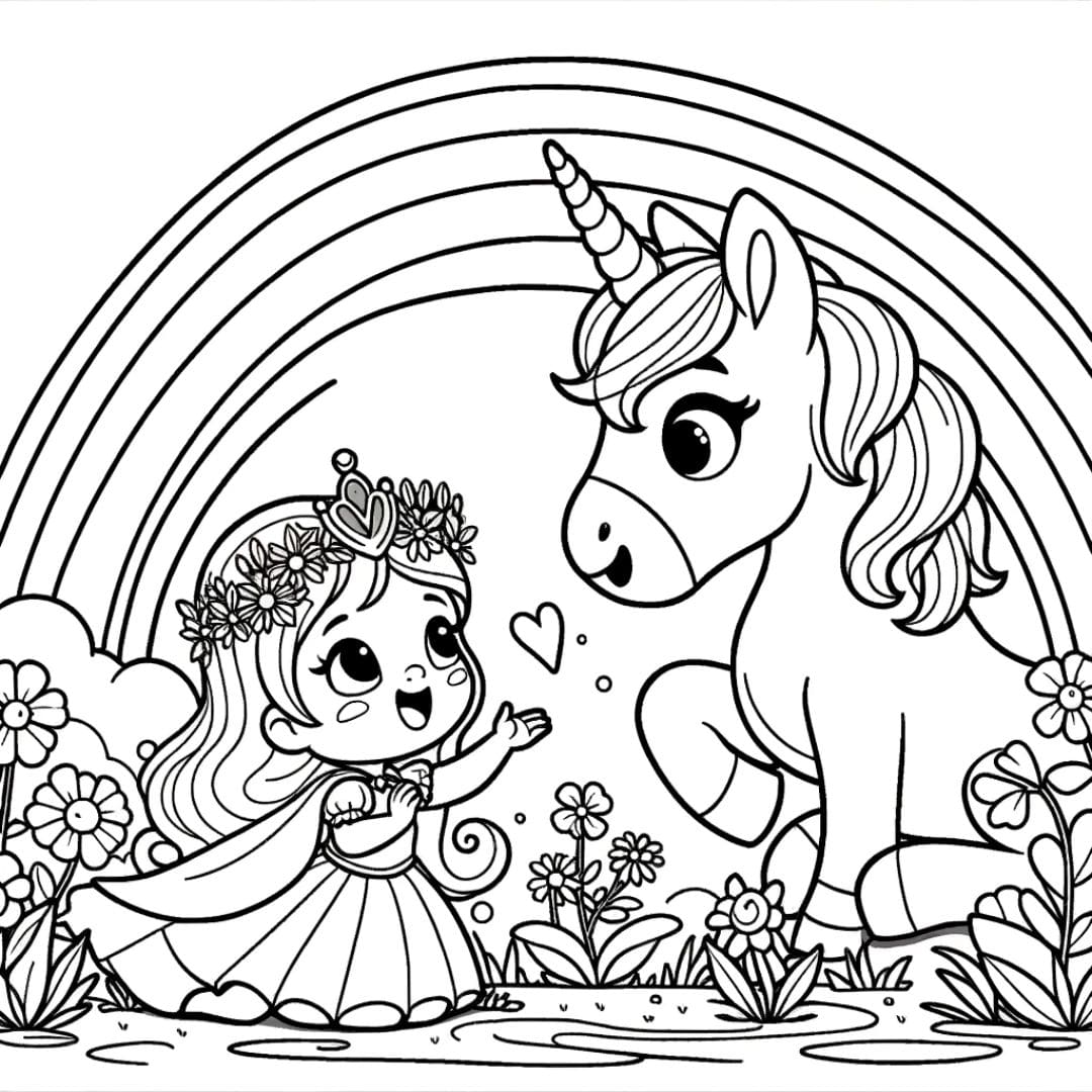 Dessin à colorier de licorne et princesse découvrant un arc-en-ciel pour enfants