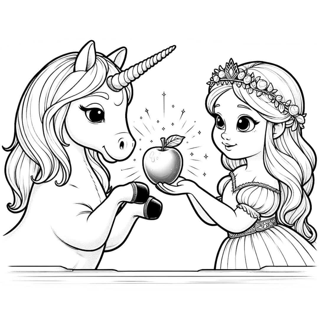 Dessin à colorier de licorne et princesse partageant une pomme magique pour enfants