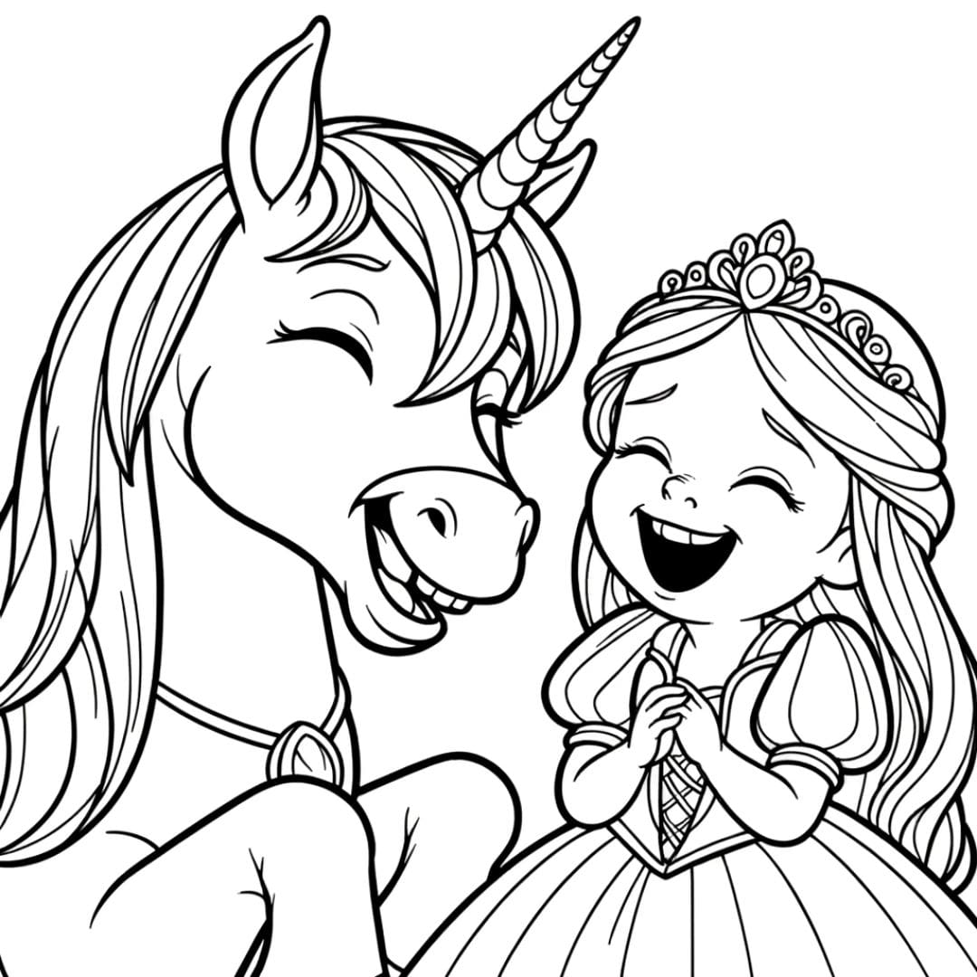 Dessin à colorier de licorne et princesse riant ensemble pour enfants