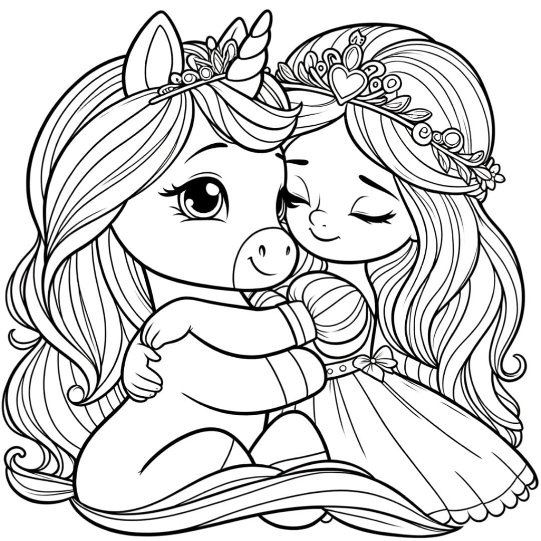 Dessin à colorier de licorne et princesse se faisant des câlins pour enfants