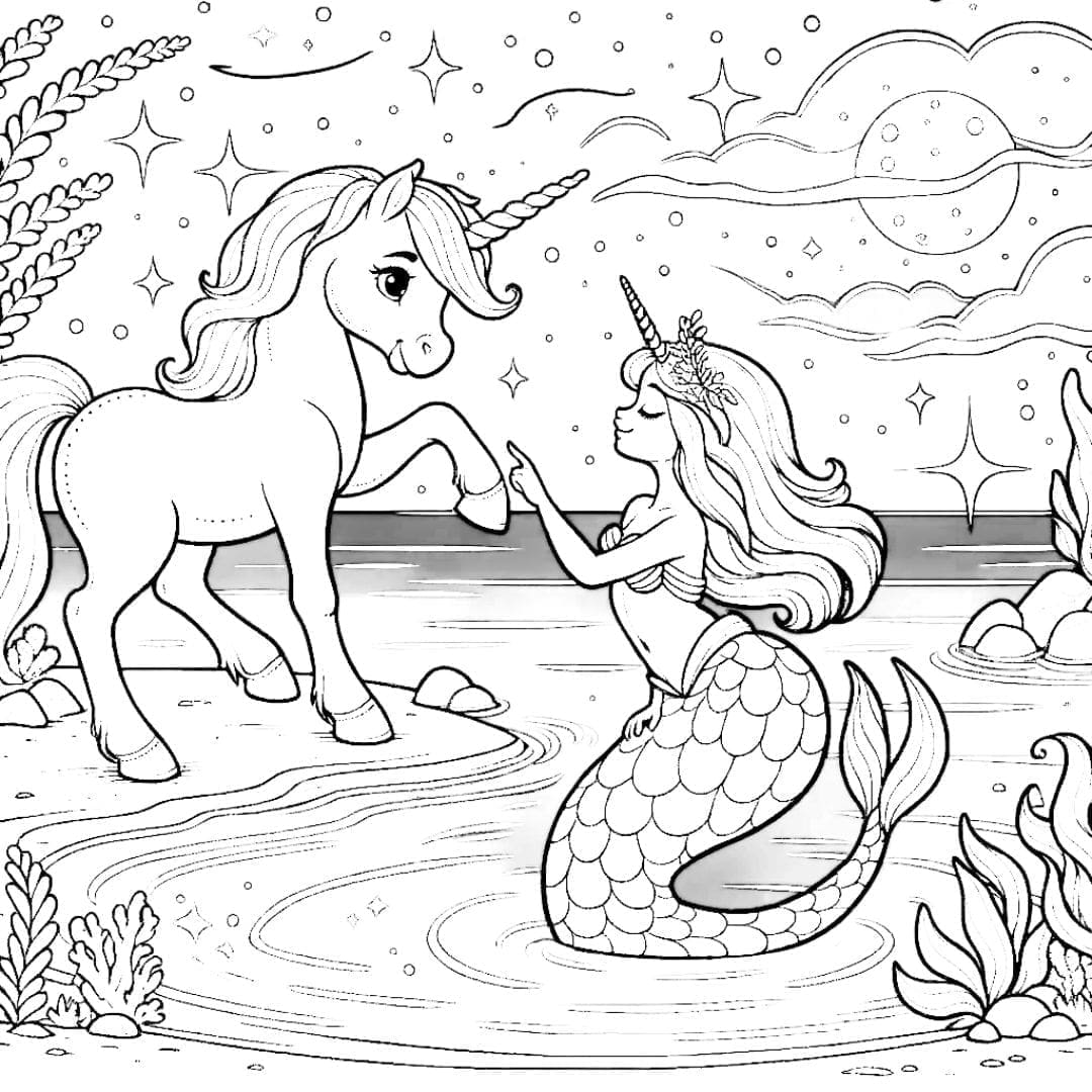 Dessin à colorier Licorne rencontrant une sirène sous l'océan