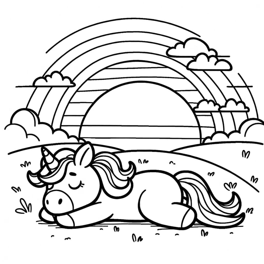 Dessin à colorier Licorne dans un paysage de coucher de soleil