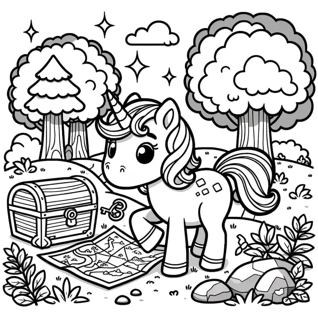 Dessin à colorier Licorne découvrant un trésor caché