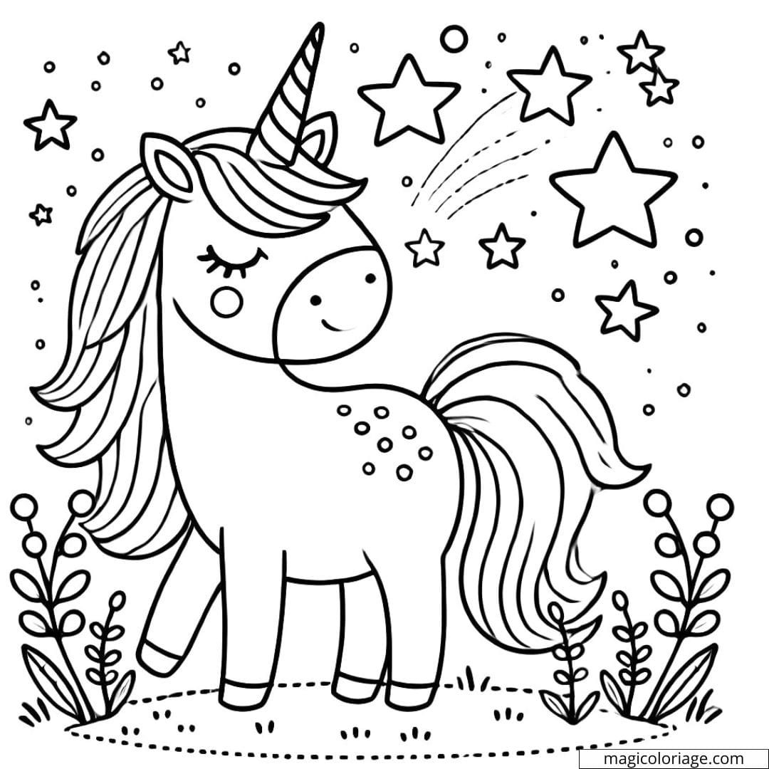 Coloriage licorne étoilée pour maternelle, dessin licorne à imprimer, coloriage enfant