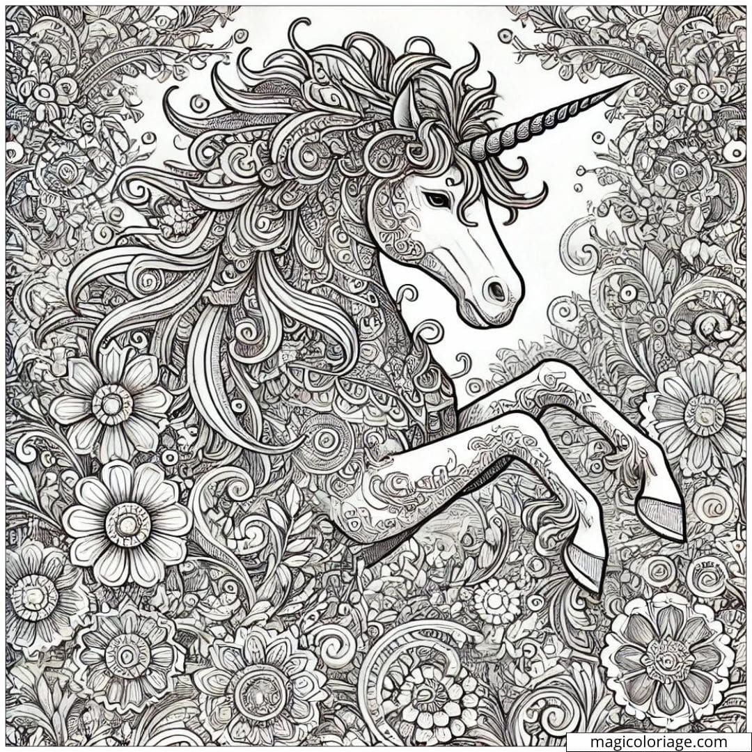 Ce coloriage de licorne avec des motifs floraux élaborés est conçu pour les adultes. Téléchargez et imprimez ce dessin pour un moment de détente créatif.