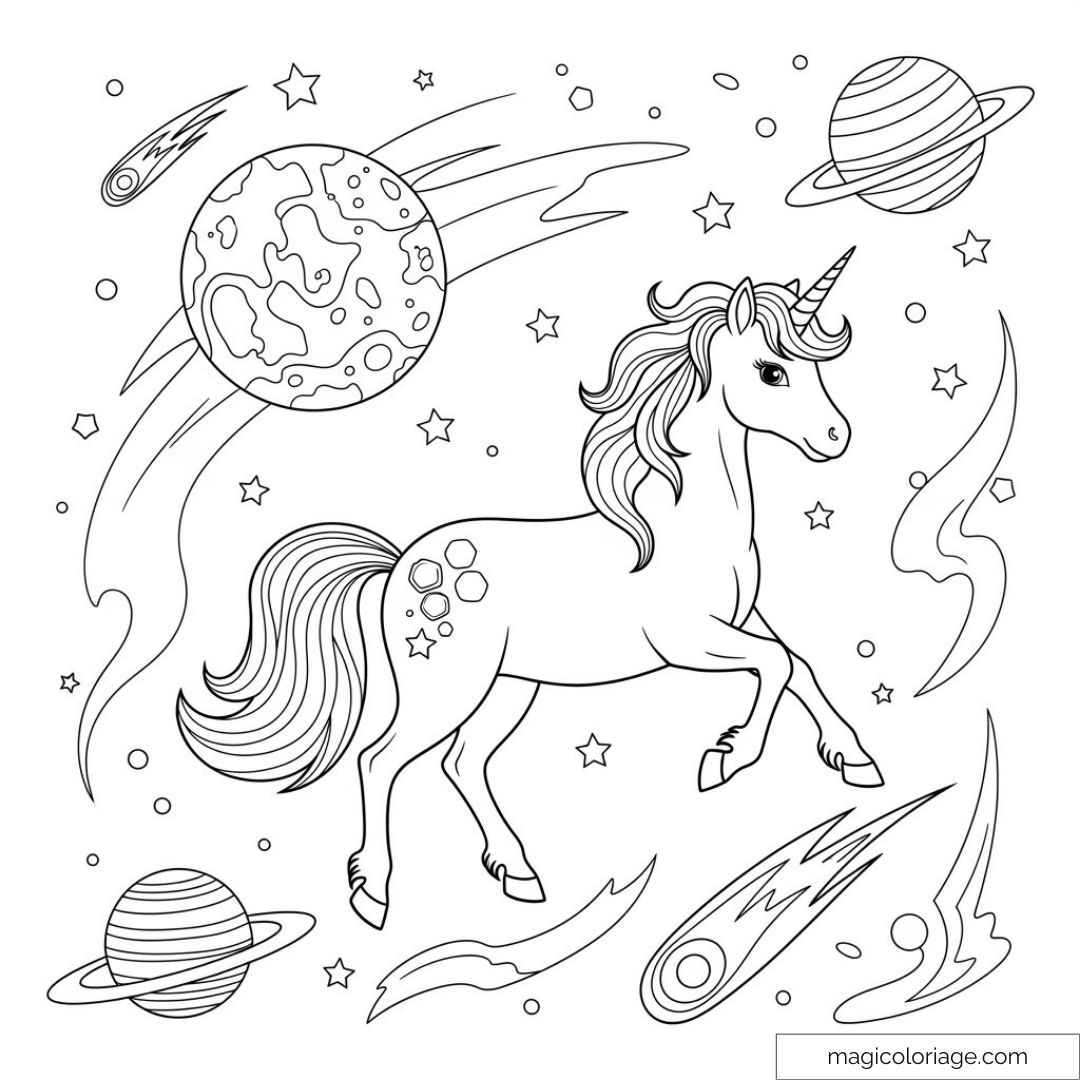 Image d'une licorne et planètes à colorier
