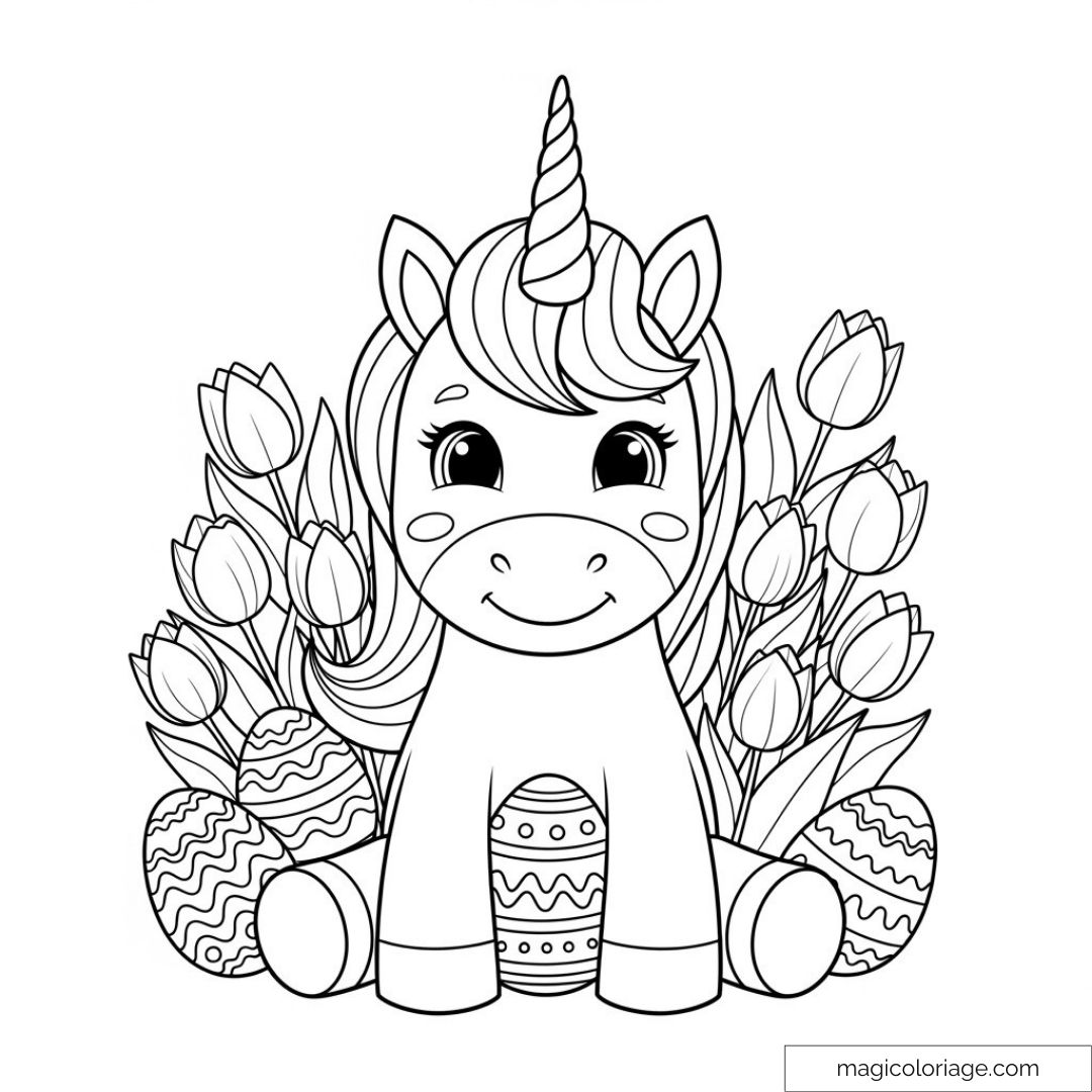 Licorne adorable avec œufs décorés et fleurs