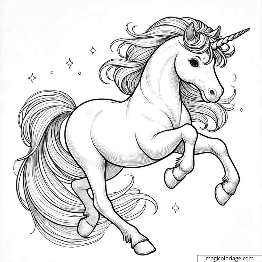 Coloriage licorne trottant pour adulte, dessin à imprimer et colorier