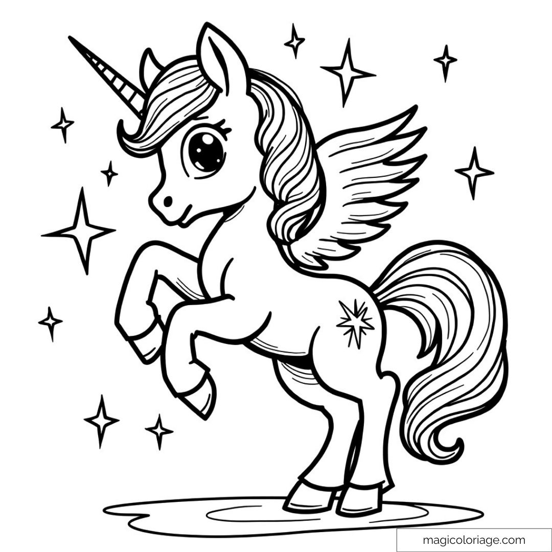 Coloriage licorne magique avec ailes et étoiles scintillantes