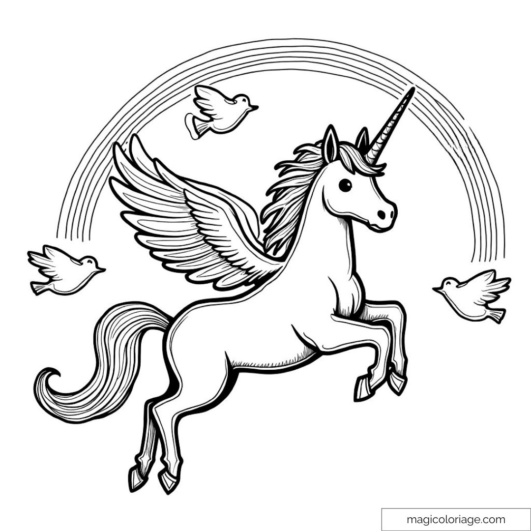 Licorne ailée avec arc-en-ciel et oiseaux autour