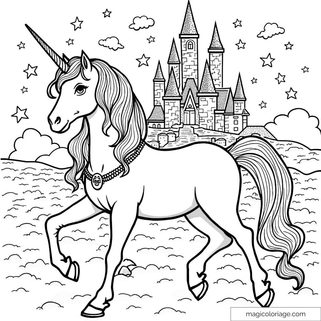 Licorne majestueuse devant château magique