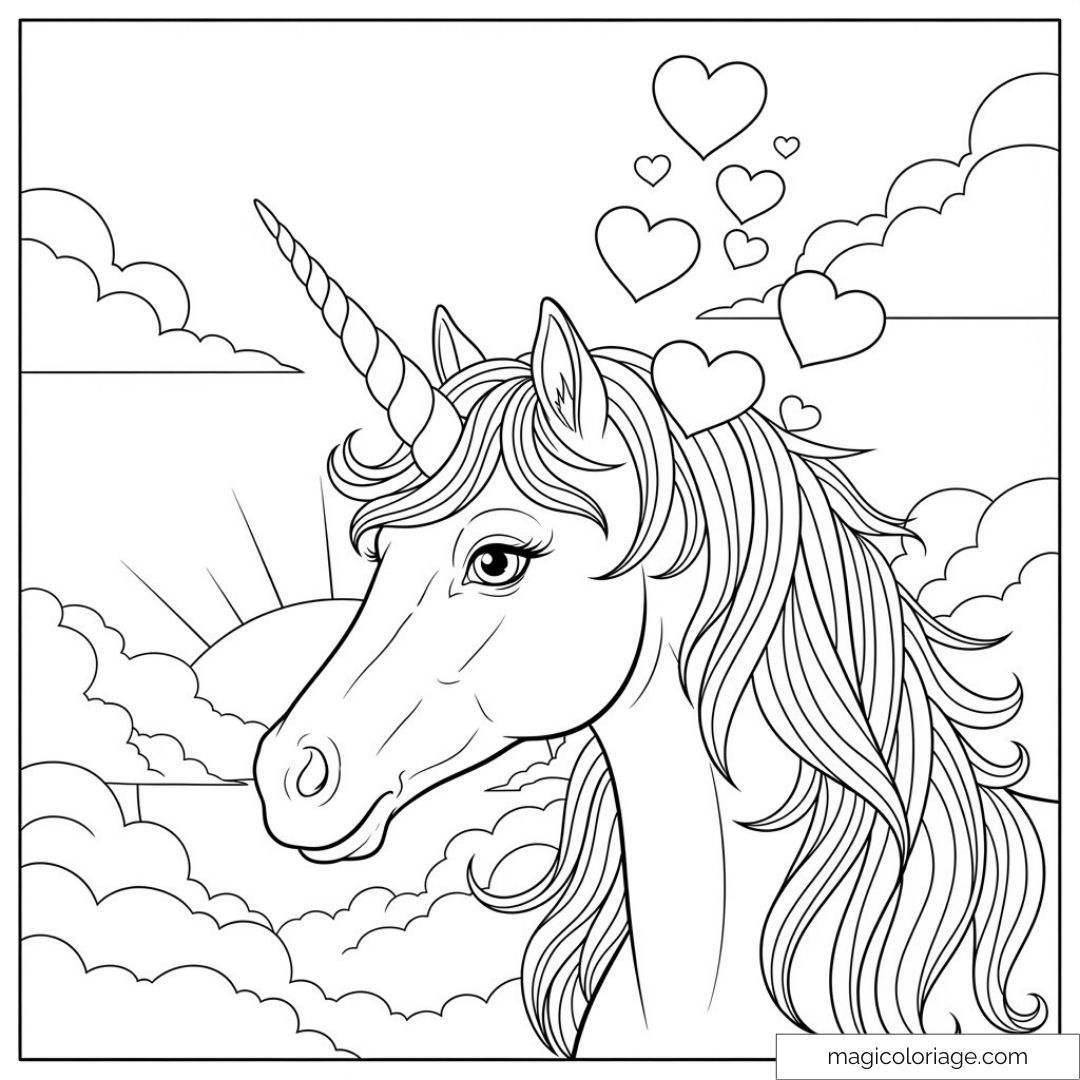 Licorne sous des cœurs flottant parmi les nuages.