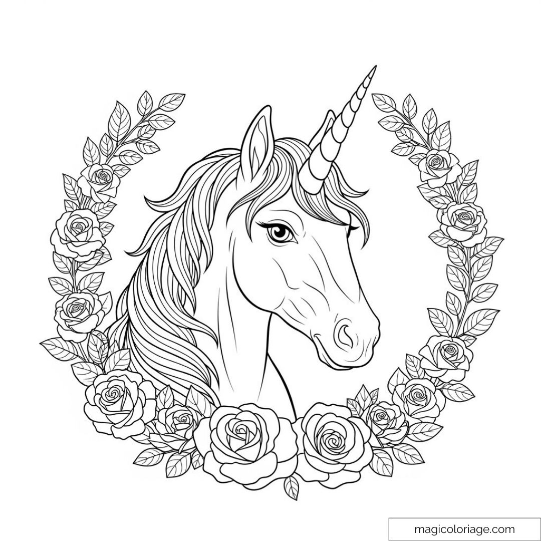 Licorne entourée de roses et feuilles à colorier