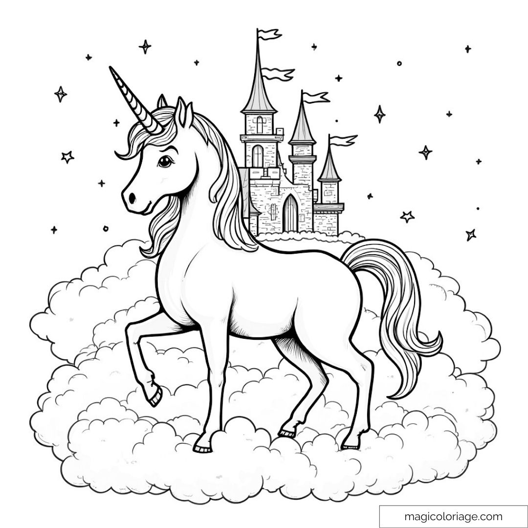 Licorne sur nuage avec château en arrière-plan et étoiles