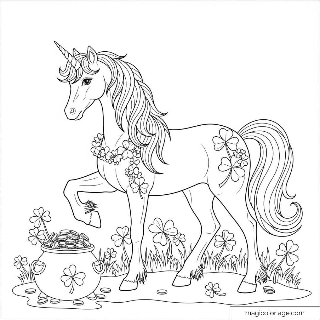 Image d'une licorne avec un collier de fleurs et un chaudron de pièces.