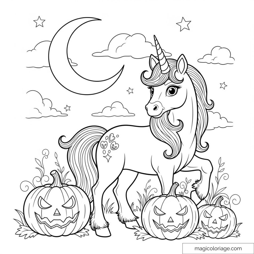 Licorne et citrouilles sous la lune.
