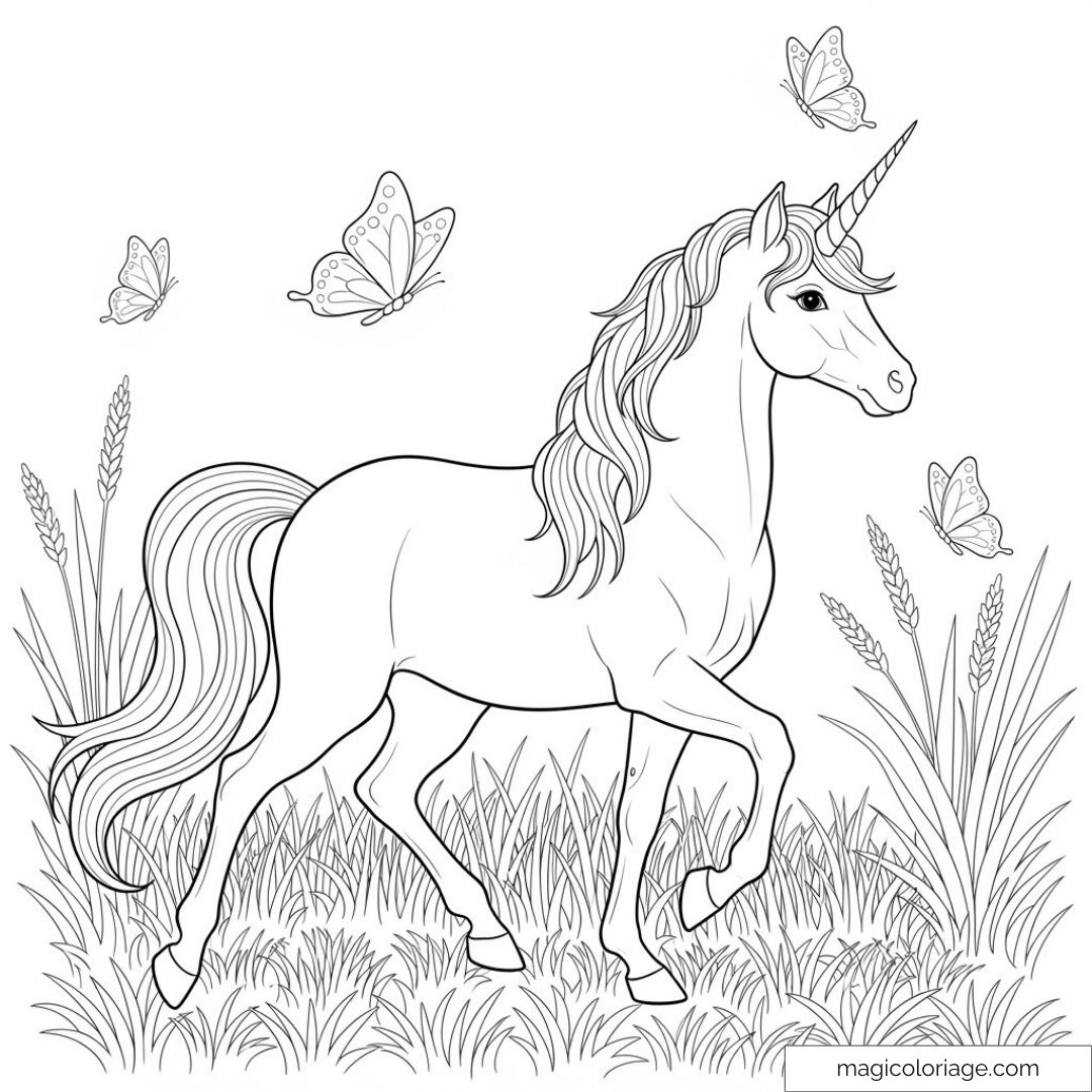 Licorne dans un champ avec papillons