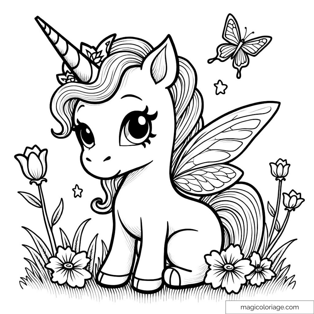 Dessin d'une licorne mignonne avec des fleurs et papillons