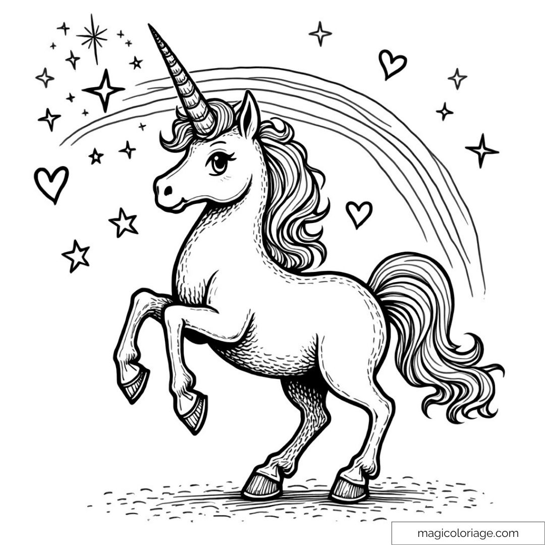 Licorne à colorier avec arc-en-ciel et étoiles