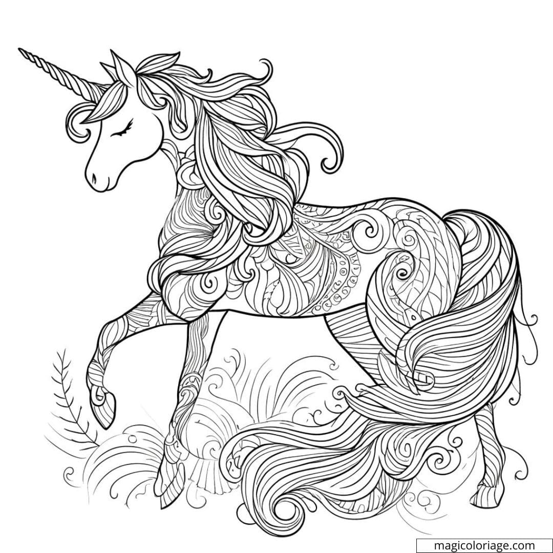 Coloriage licorne magnifique et fantaisiste pour adulte, dessin licorne à imprimer, coloriage pour adulte