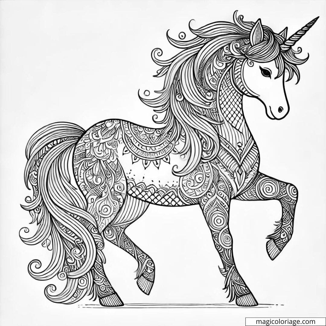Un coloriage de licorne avec des motifs magnifiques, conçu pour les adultes. Téléchargez et imprimez pour un défi de coloriage sophistiqué.