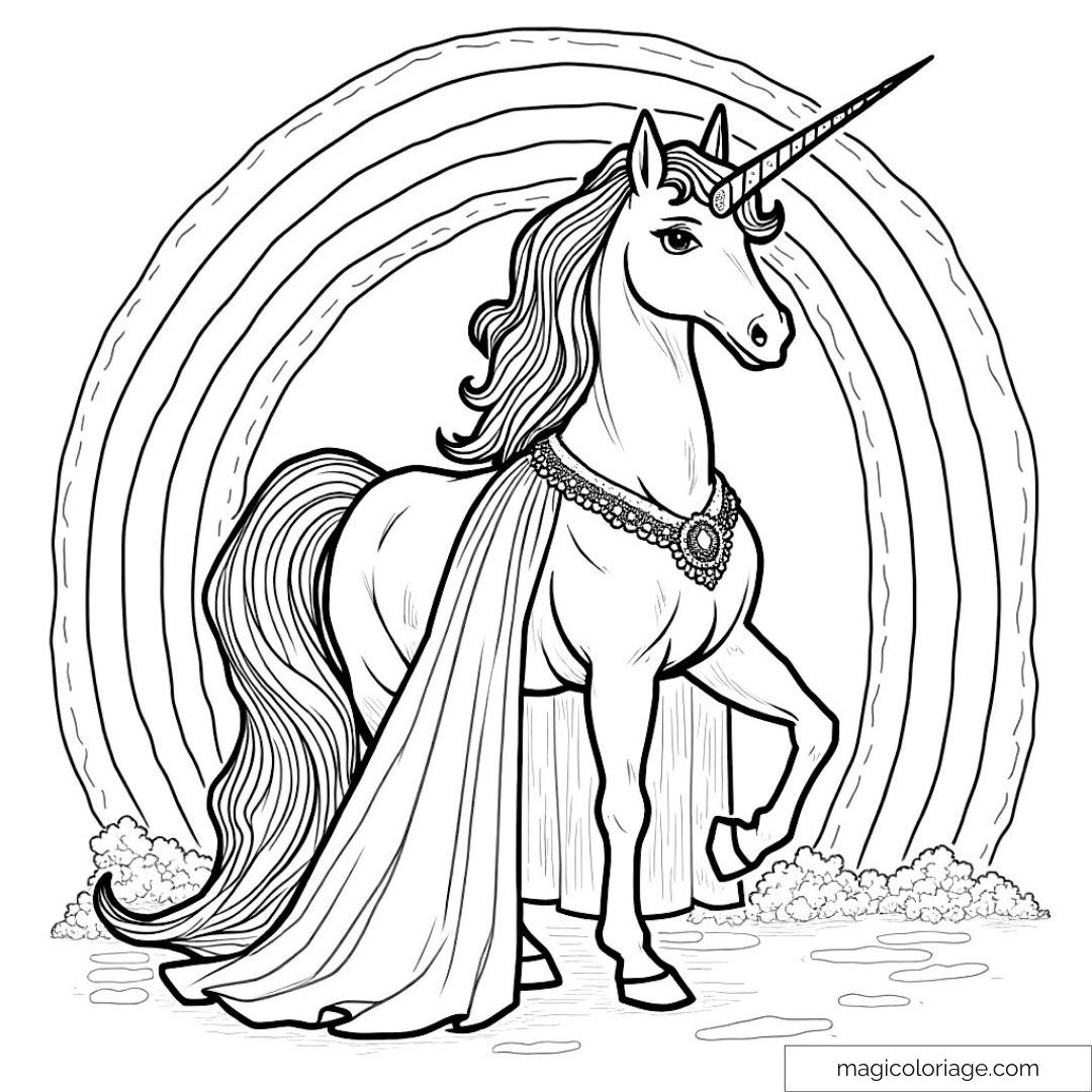 Coloriage de licorne royale sous un arc-en-ciel avec cape.