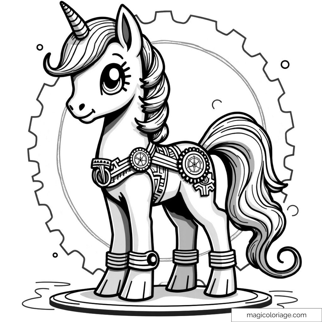 Dessin de licorne steampunk avec engrenages et détails mécaniques.
