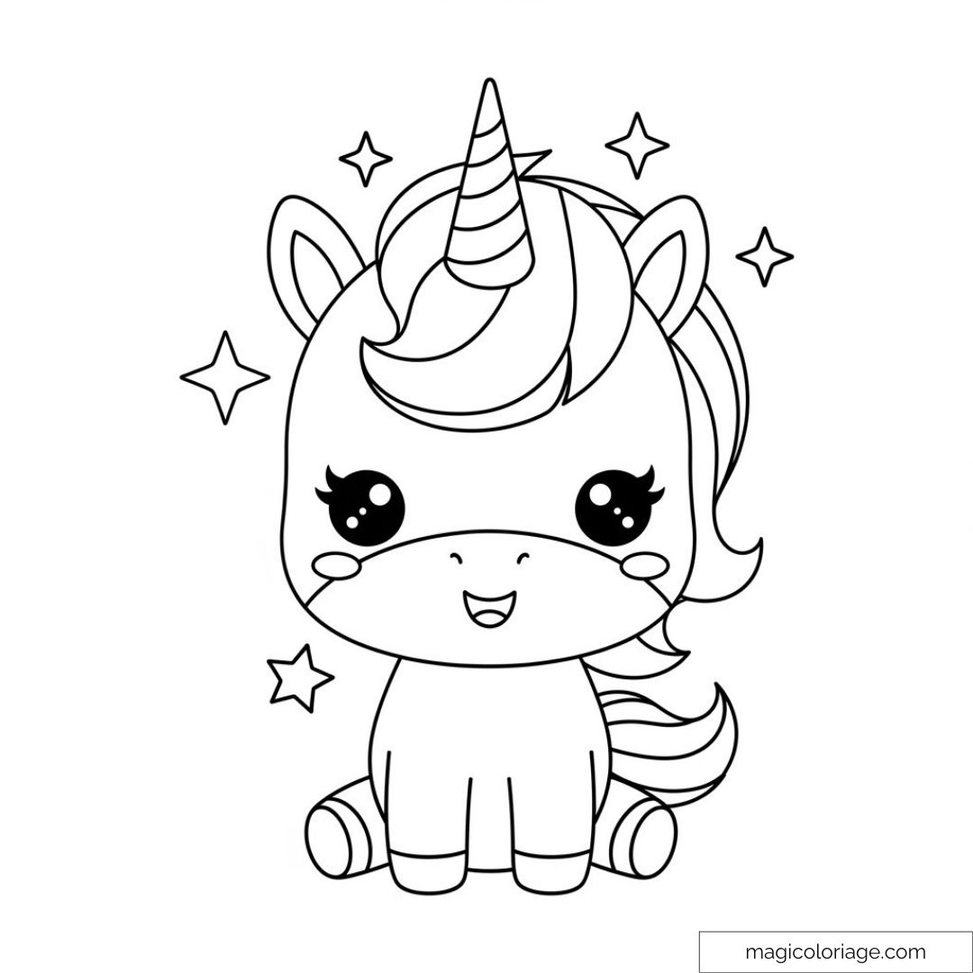 Licorne mignonne à colorier avec étoiles scintillantes autour.