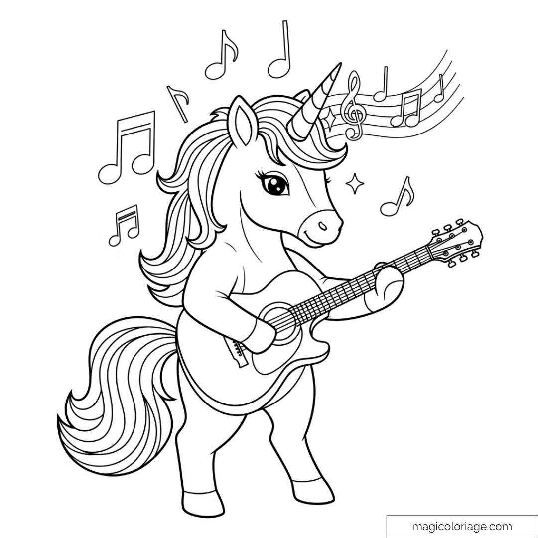 Licorne jouant de la guitare avec des notes de musique