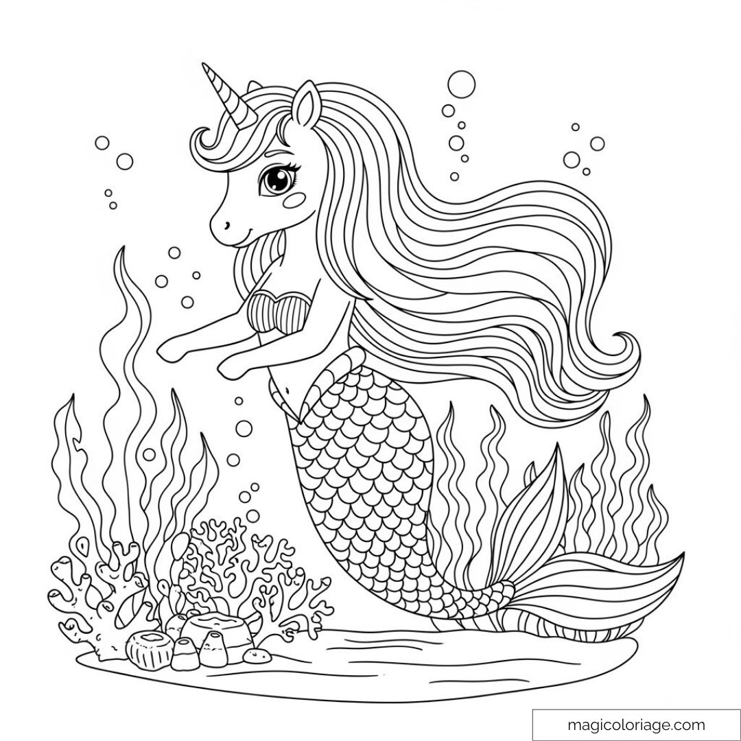 Licorne sirène au fond de l'océan avec des coraux et des plantes.