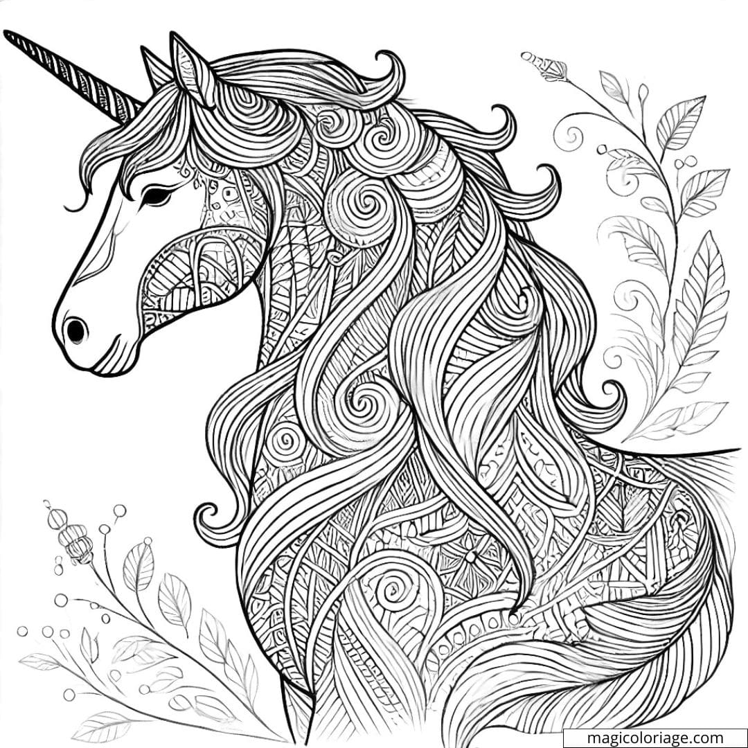 Coloriage licorne sophistiquée pour adulte, dessin licorne à imprimer, coloriage pour adulte