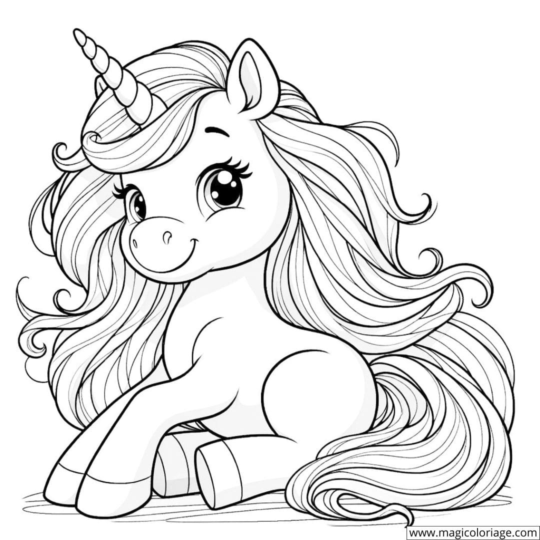 Dessin à colorier d'une licorne assise souriante