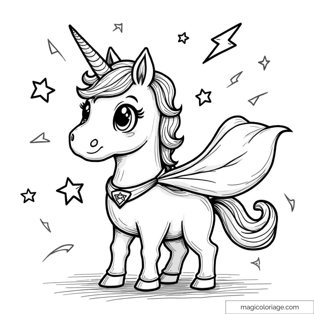 Licorne superhéros avec cape parmi étoiles et éclairs à colorier.