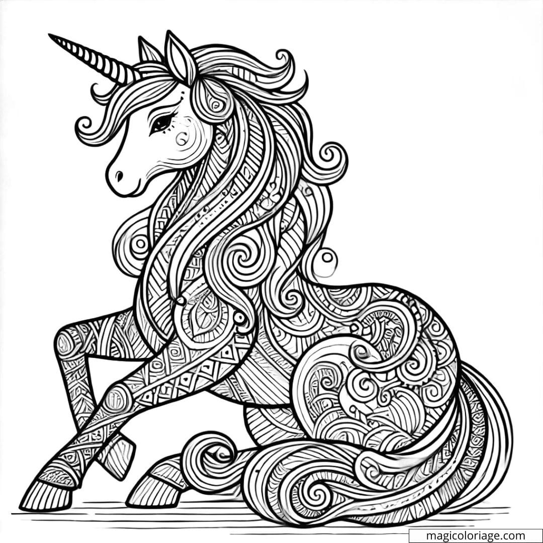 Dessin à colorier stylisé de licorne assise avec des motifs tribaux complexes
