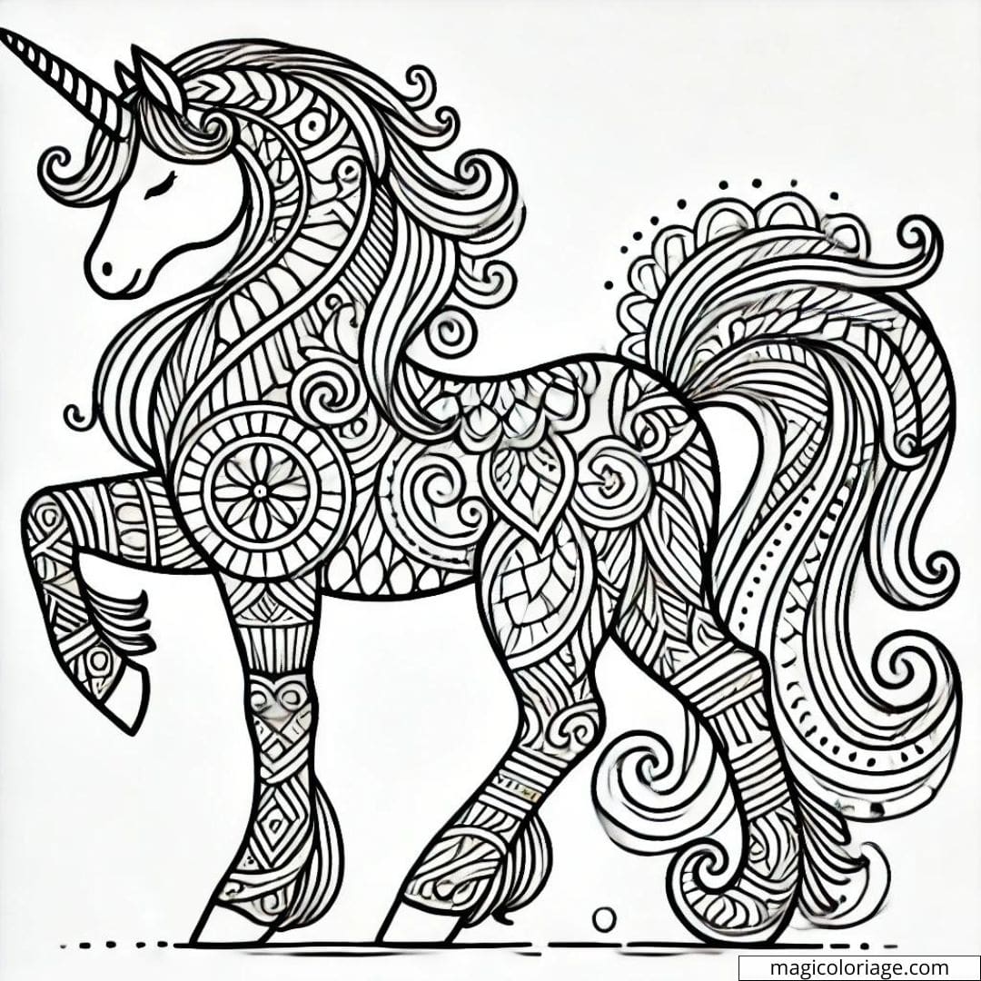 Dessin à colorier stylisé de licorne debout avec des motifs tribaux élégants
