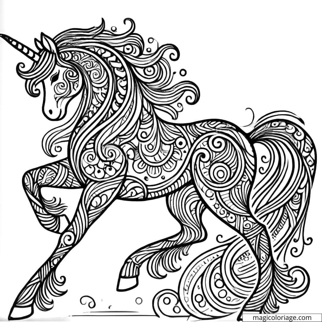 Dessin à colorier stylisé de licorne marchant avec des motifs tribaux élégants