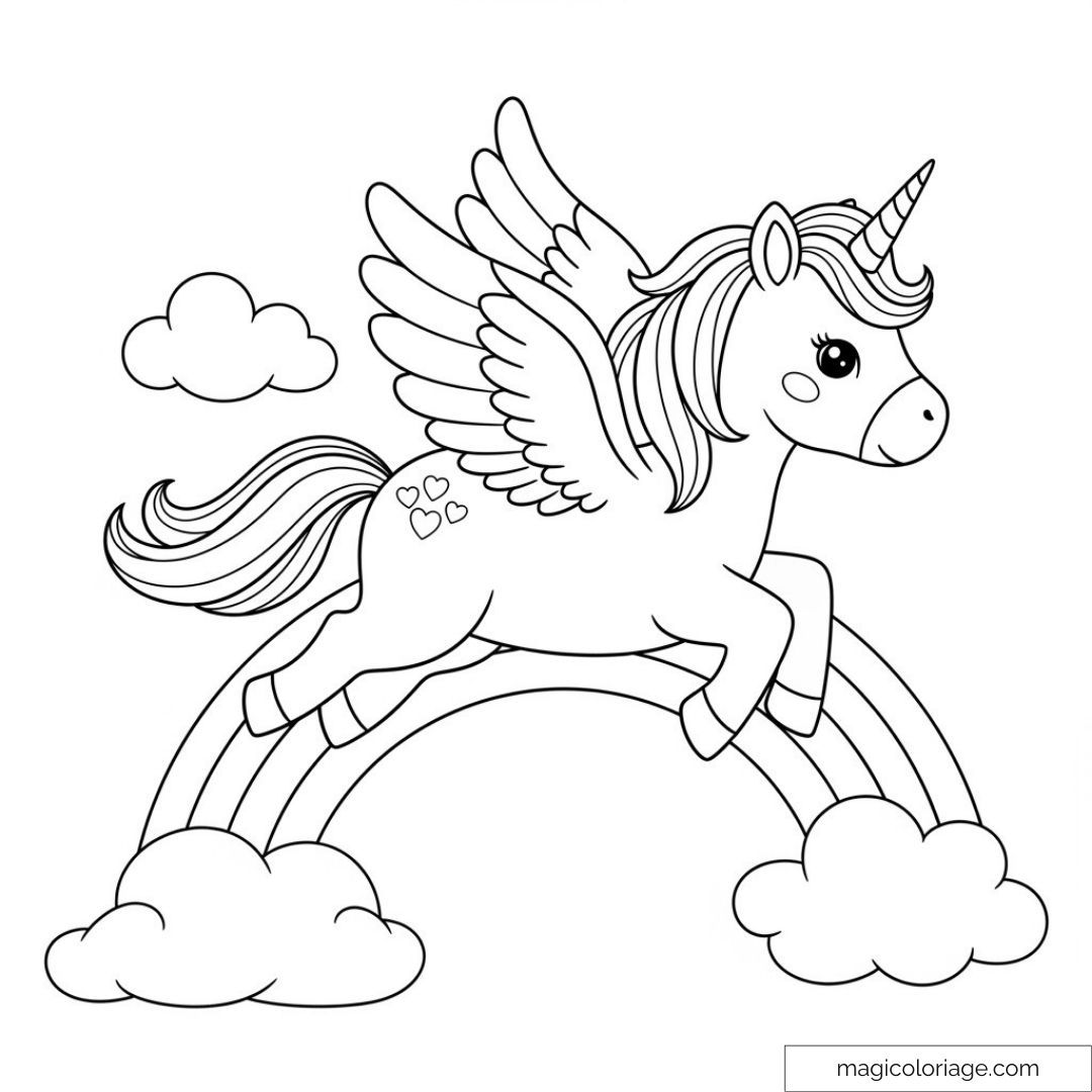 Licorne volante sur arc-en-ciel avec nuages à colorier.