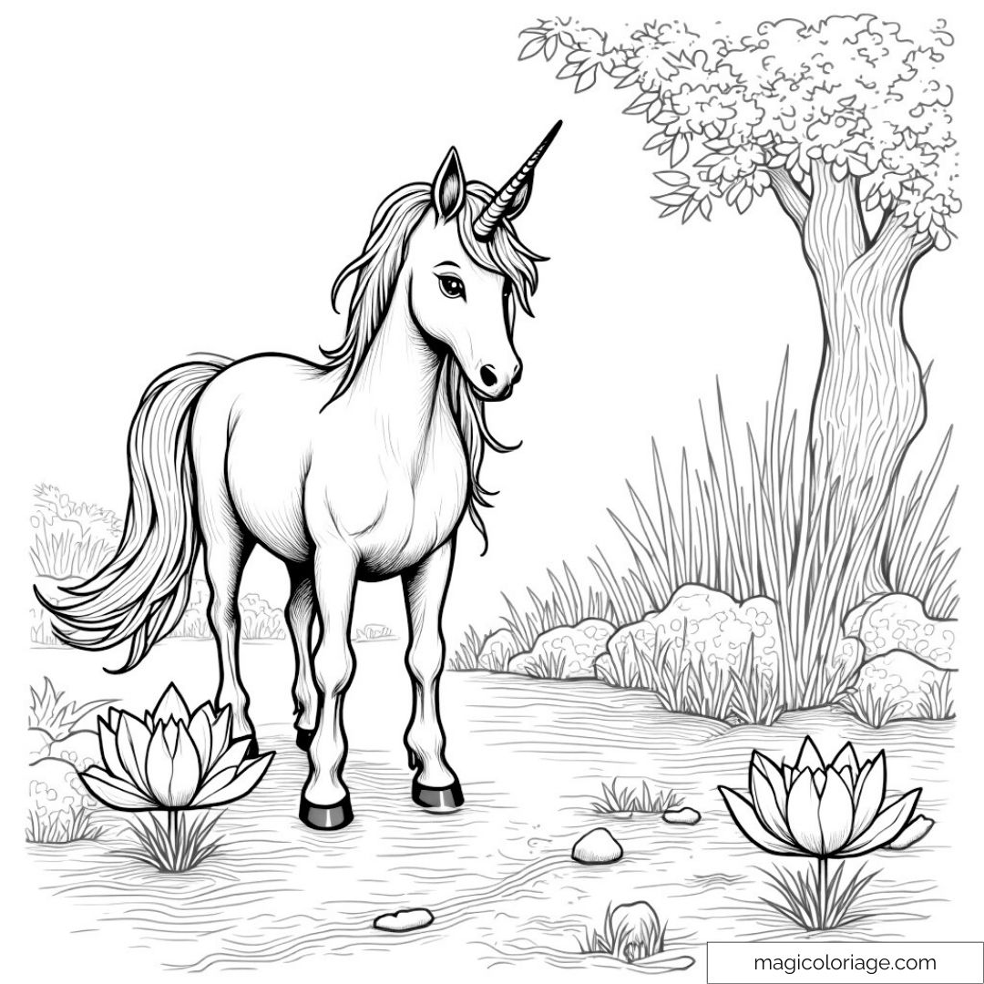Licorne près d'un ruisseau avec nénuphars et arbre