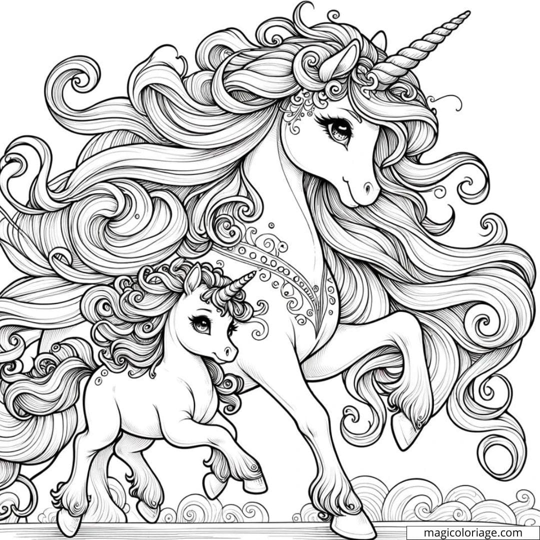 Maman licorne et bébé licorne en dessin à colorier.