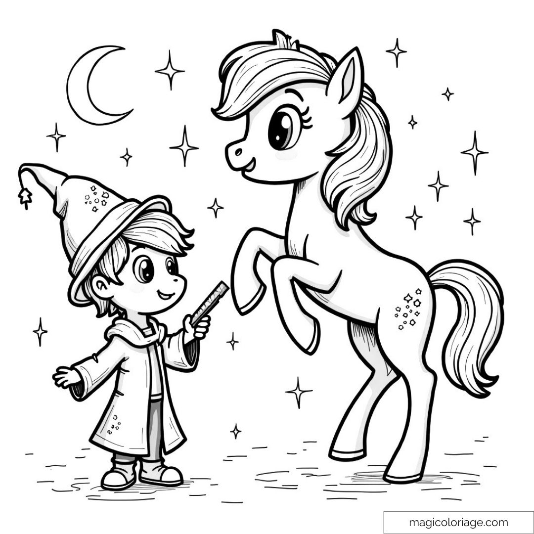 Coloriage de sorcier et licorne nuit étoilée