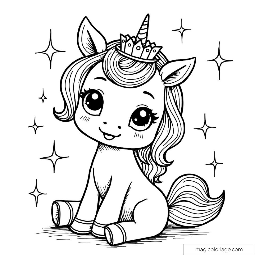 Dessin de licorne mignonne avec couronne et étoiles à colorier.