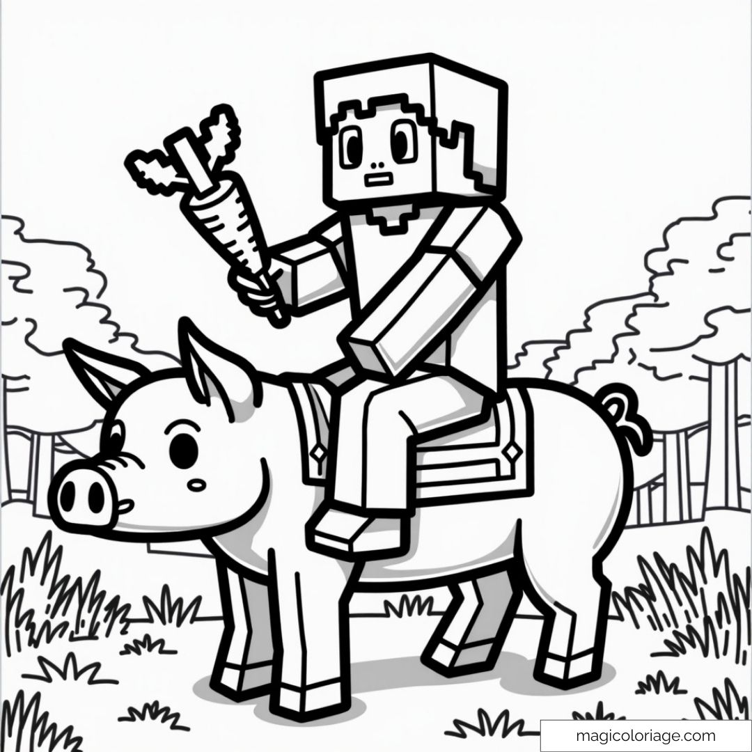 Dessin d'un personnage Minecraft chevauchant un cochon