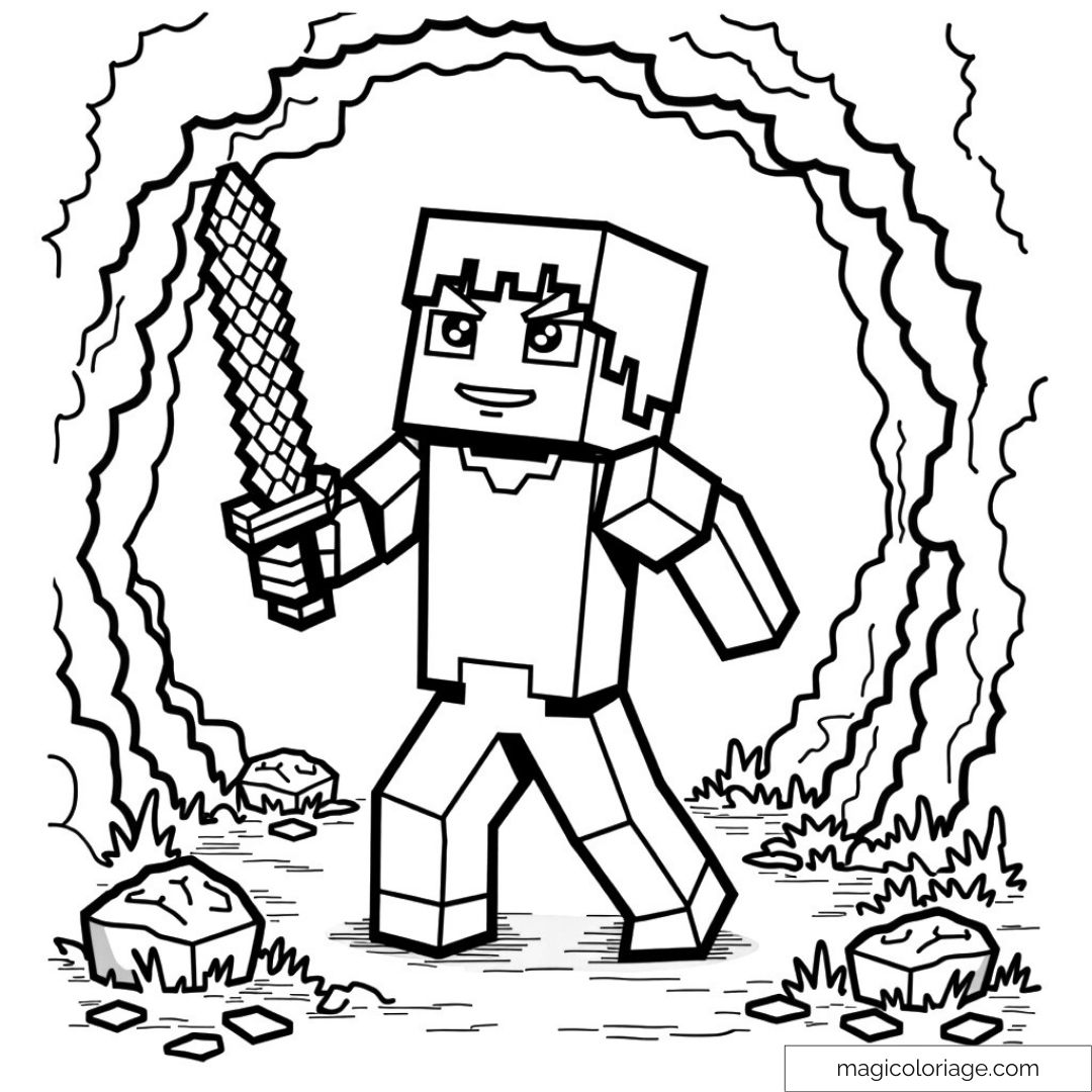 Coloriage Minecraft personnage épée dans grotte.