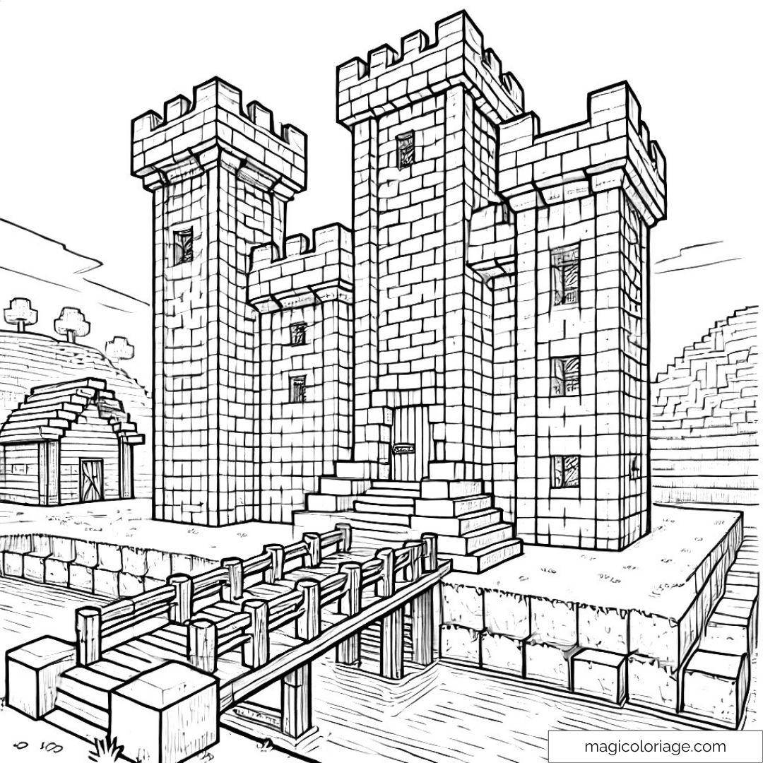 Dessin de château médiéval avec pont et paysage