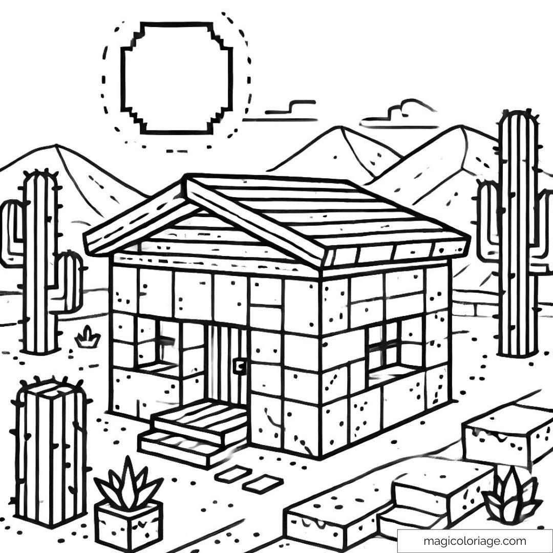 Maison en pierres dans le désert avec cactus et montagnes