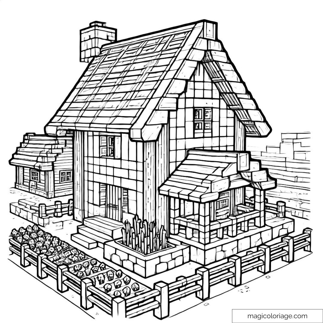 Dessin de maison de style Minecraft avec jardin et détails cubiques.