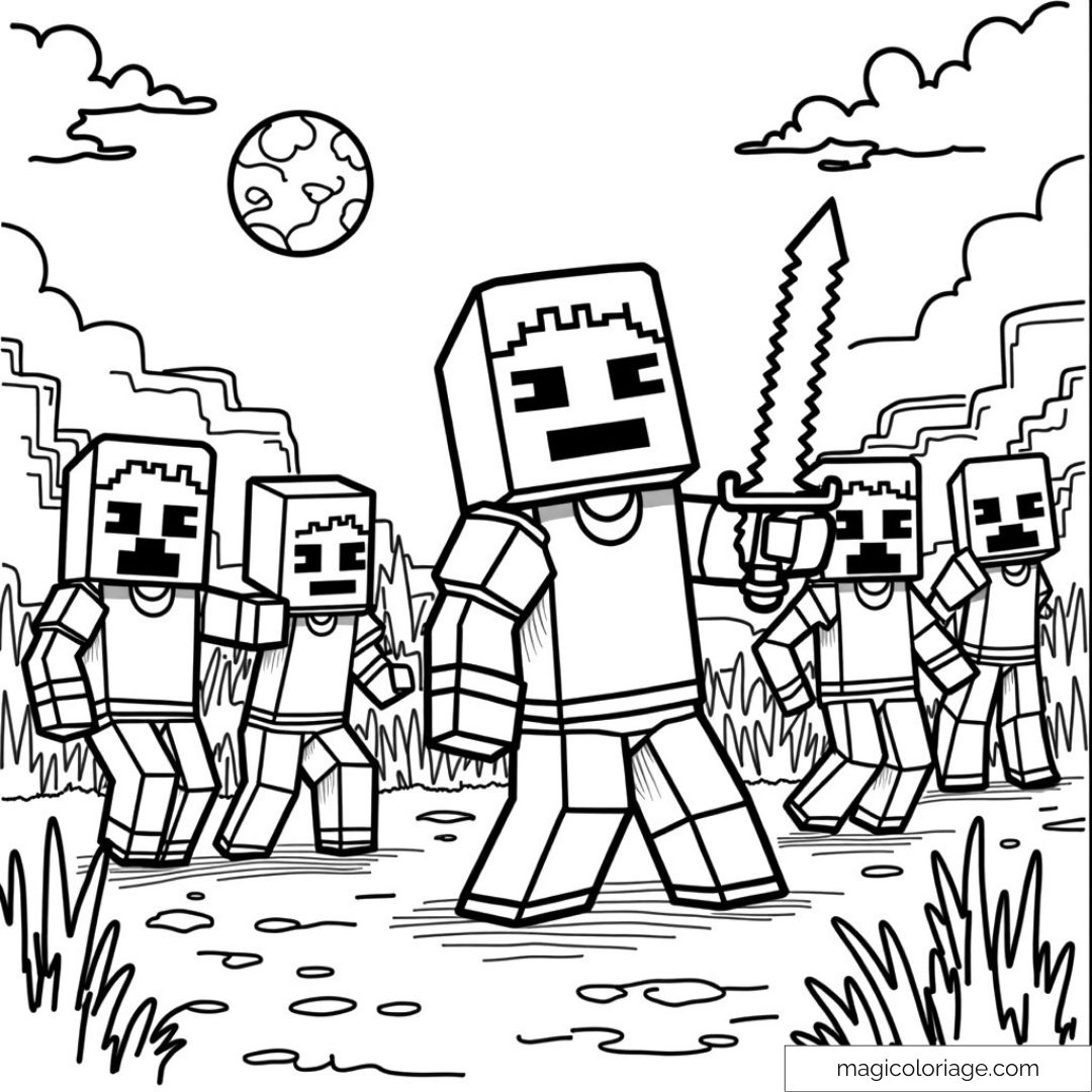 Personnages Minecraft avec armures et épées dans un paysage.
